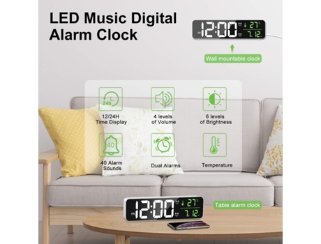 ELKUAIE Reloj Despertador Digital, Reloj de Pared Reloj Despertador de la Mañana Espejo Digital LED Pantalla Grande con Temperatura de Fecha, 2 Ala...