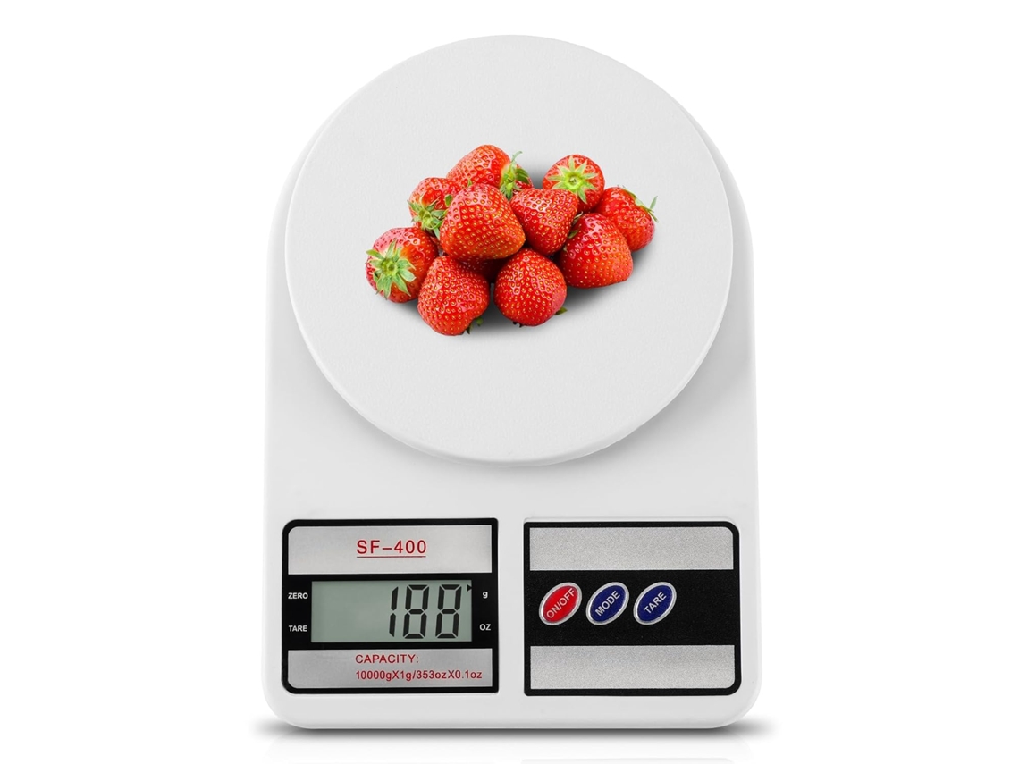 Balanza de cocina digital, acero inoxidable, capacidad de 10 kg, pilas reemplazables.