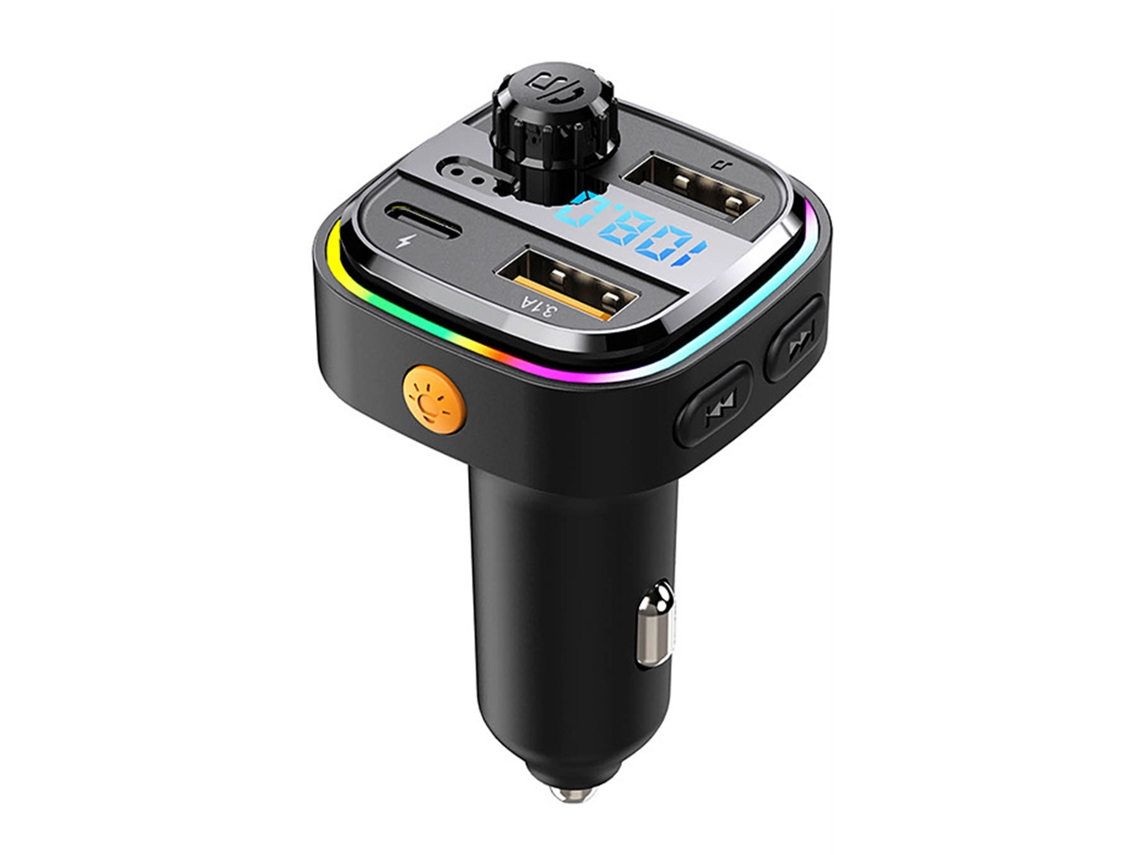 Adaptador Bluetooth para coche con MP3, transmisor FM, carga USB y función multifuncional.