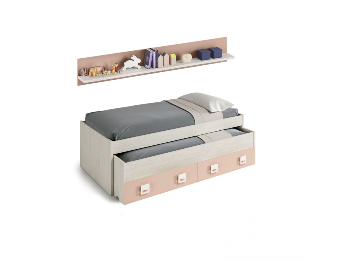Cama doble juvenil + estante Nube Blanco Alpes - Rosa 200 x 65 x 96 cm