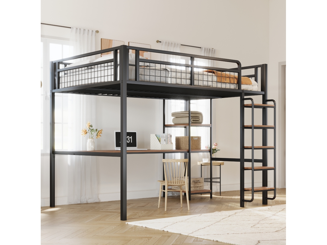 Litera de metal 140*200 cm, escalera de seguridad con barandillas, cama infantil con mesa y estante, valla de seguridad en tela metálica.
