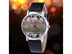 Reloj De Cuarzo Unisex Con Correa De Cuero Pu Dial Redondo Patrón De Madera Negro