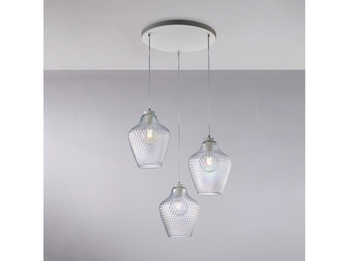 Lámpara de Suspensión Maya en Hierro Blanco con Cables Eléctricos Regulables y Difusores en Cristal Soplado Transparente con 3 Luces Deco en Relieve Belight