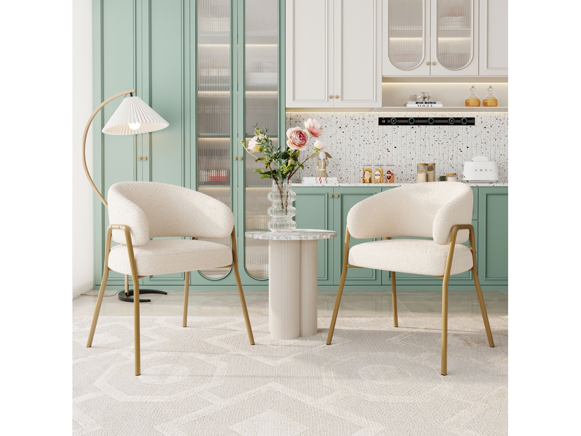 2 Sillas Comedor Terciopelo Blanco Patas Doradas Modernas