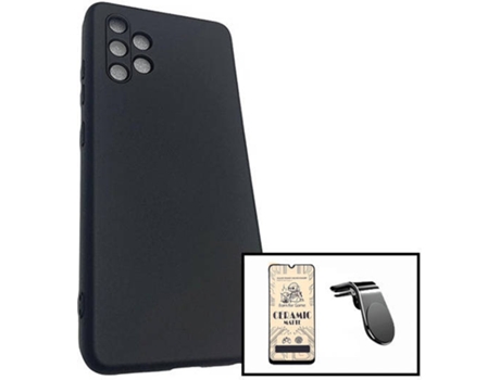 Kit Cristal Templado CeramicGlass Full Cover, Funda Silicona y Soporte Magnético L Safe Driving Coche Samsung Galaxy A32 4G PHONECARE Negro