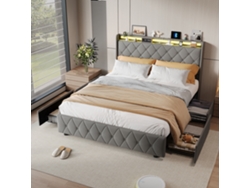Cama doble con espacio de almacenamiento, 140x200 cm, con 4 cajones y puerto USB, tapizada en terciopelo gris, cabecero con iluminación LED