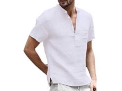 Camiseta De Manga Corta Para Hombre, Cuello Alto, Algodón, Verano, Abertura Frontal, Blanca, Talla L