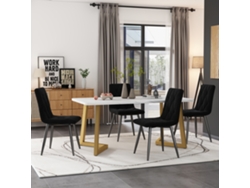 Mesa de 117 cm, 4 sillas, terciopelo negro, patas doradas.