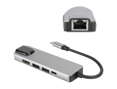 Adaptador Hub USB-C a HDMI 5 en 1 Puerto de expansión Ethernet Gigabit Rg45 de 1000 Mbps 4K Hdmi USB C para computadora portátil/teléfono Gris