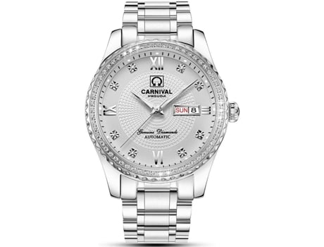 VEANXIN Relojes automáticos de oro para hombre Relojes semanales de oro y diamantes de acero inoxidable-Blanco