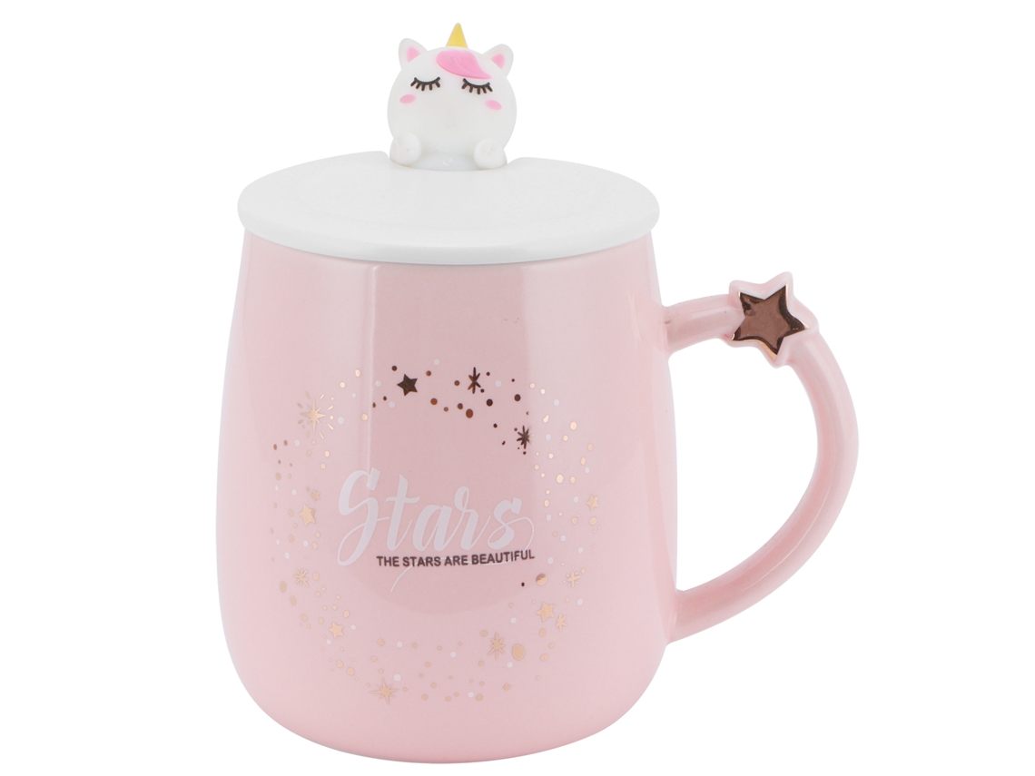 MEOIRUERY Taza de Cerámica con Dibujo de Dibujos Animados, Tapa y Cuchara, Vaso para Café o Agua, Uso en Casa u Oficina, Color Rosa