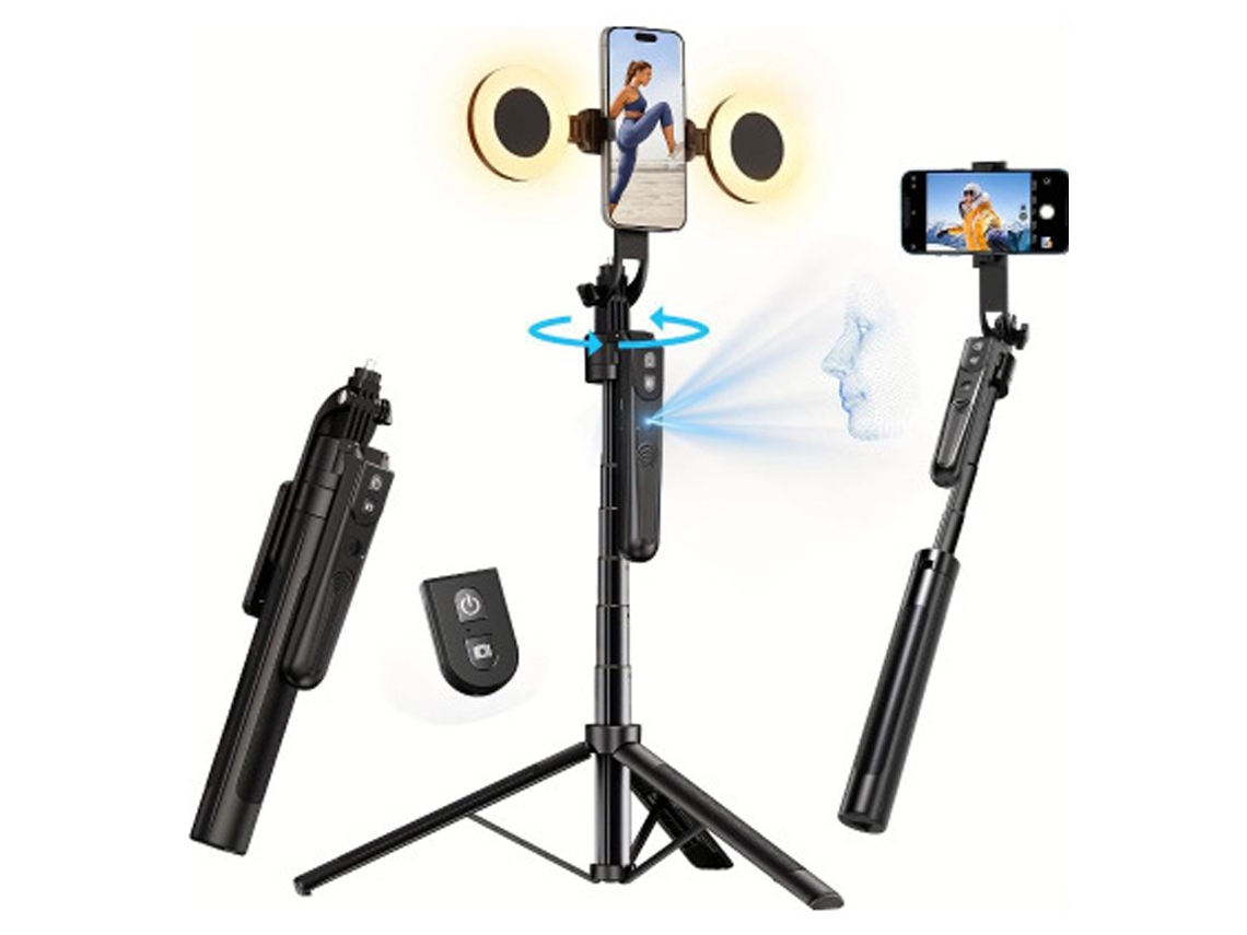 Trípode extensible con seguimiento facial automático, rotación de 360° con luz, sin aplicación, 70,9 pulgadas, soporte para teléfono con sensor de movimiento y control remoto