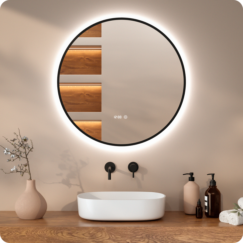Espejo de baño de 80 cm con marco negro antivaho y luz LED iluminada Mirlux
