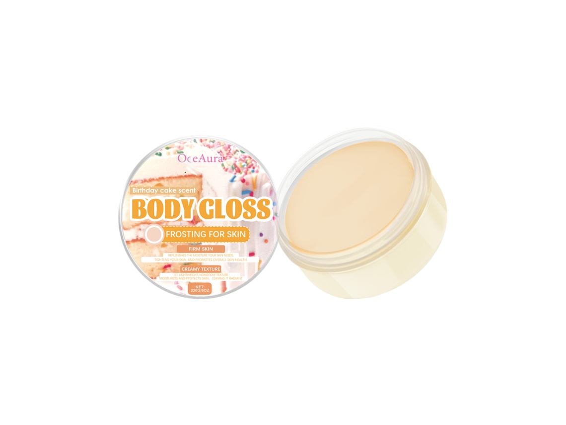 Crema corporal Oceanura sabor pastel de cumpleaños que ilumina la piel.