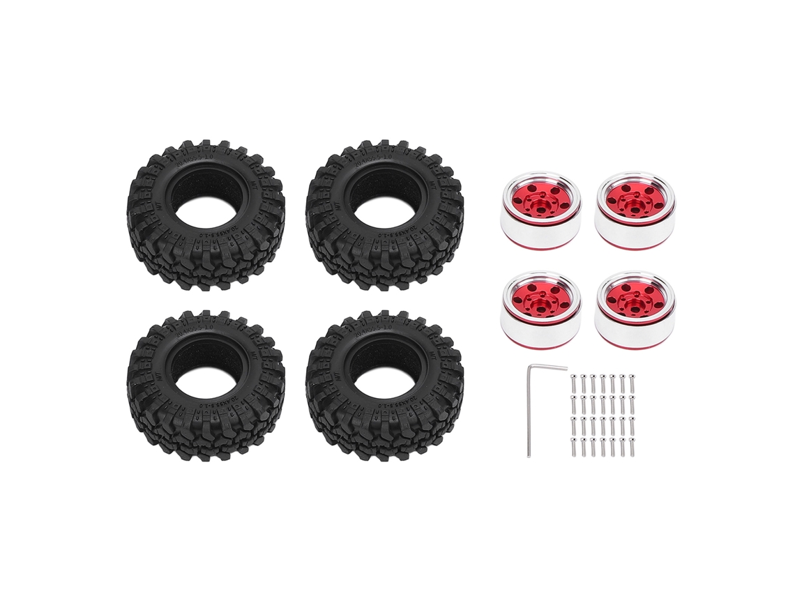 Llanta Beadlock 1.0 Con Neumáticos, 6 Agujeros, Aleación De Aluminio, Para Coche Rc Crawler A Escala 1/24, Color Rojo.