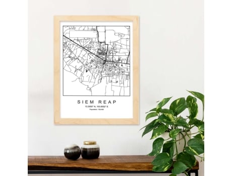 Póster NACNIC Mapa de la Ciudad Siem Reap Estilo Nordico en Blanco y Negro.