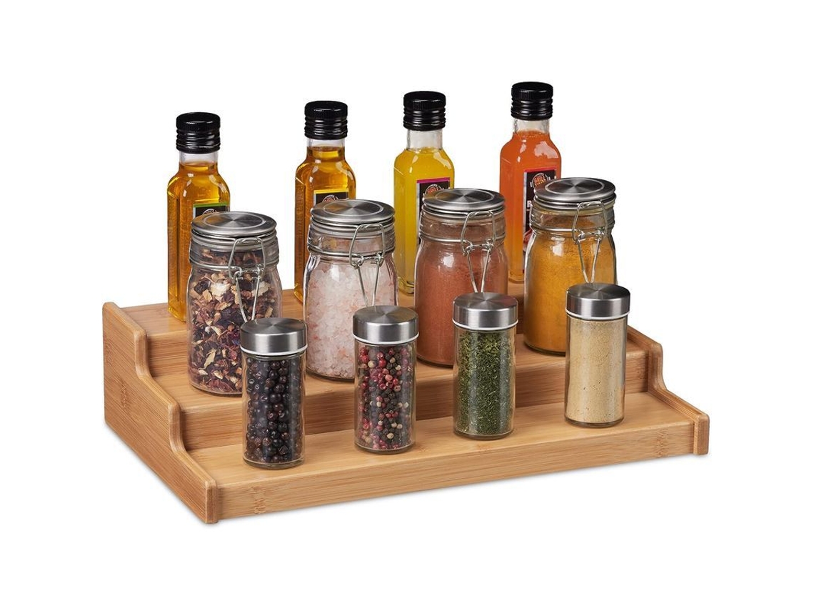 Repisa De Especias De Bambú Natural, 3 Pisos, Escalera Independiente, 10x33x20 Cm, Organizador De Condimentos Y Hierbas