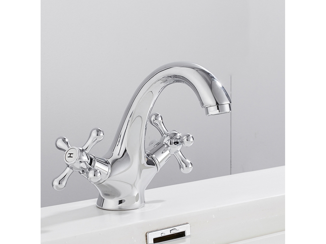 (plata) Grifo Híbrido De Doble Manija Para Lavabo De Baño, Elegante Diseño De Manija En Cruz, Orificio Único, Chapado En Oro.
