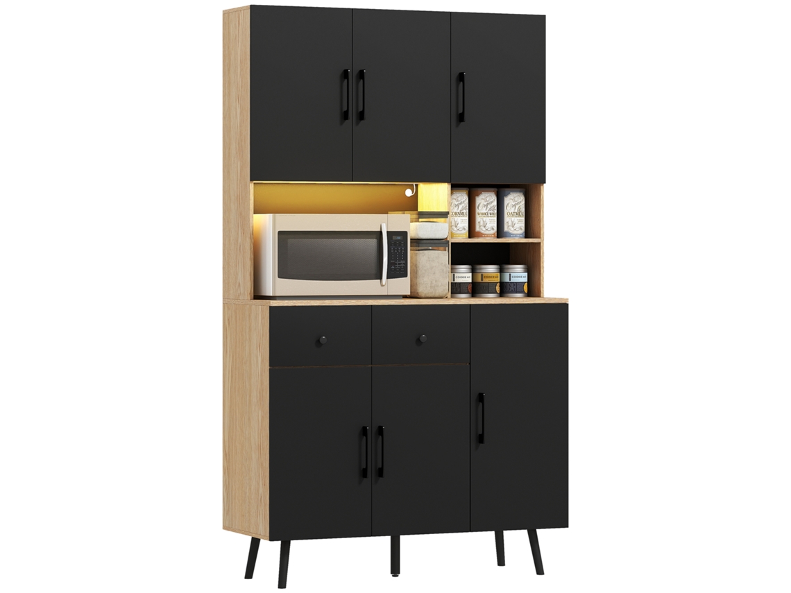 Aparador de Cocina Móvil Alto con Luz LED RGB Encimera 6 Puertas 2 Cajones 100x40x176cm Negro