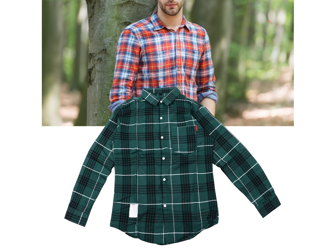 Camisa Casual De Manga Larga A Cuadros Para Hombre Con Bolsillo, Cuello Bajo, Verde, Talla L
