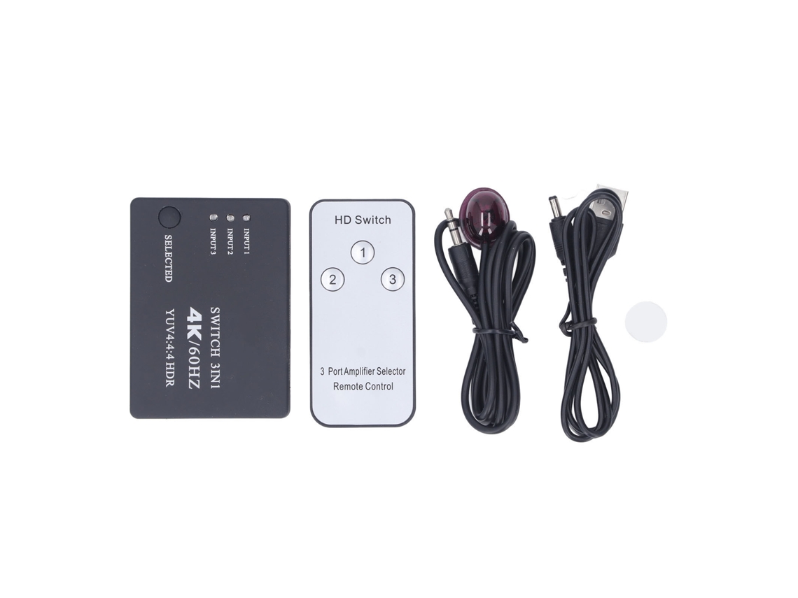 Conmutador de interfaz multimedia Mali HD 4K a 60 Hz con 3 entradas y 1 salida, incluye mando a distancia.