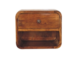 Mini mesita de noche flotante de madera maciza, 1 cajón y compartimento abierto, marrón oscuro, muebles artesanales