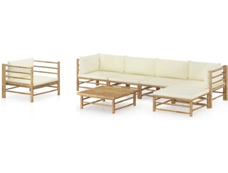 Conjunto 7 de muebles de jardín VIDAXL bambú y cojines blanco crema