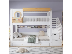 Litera Infantil 90x200 Cm - Con Cajones, Escalera Con Armario, Estantes Laterales - Blanco+natural