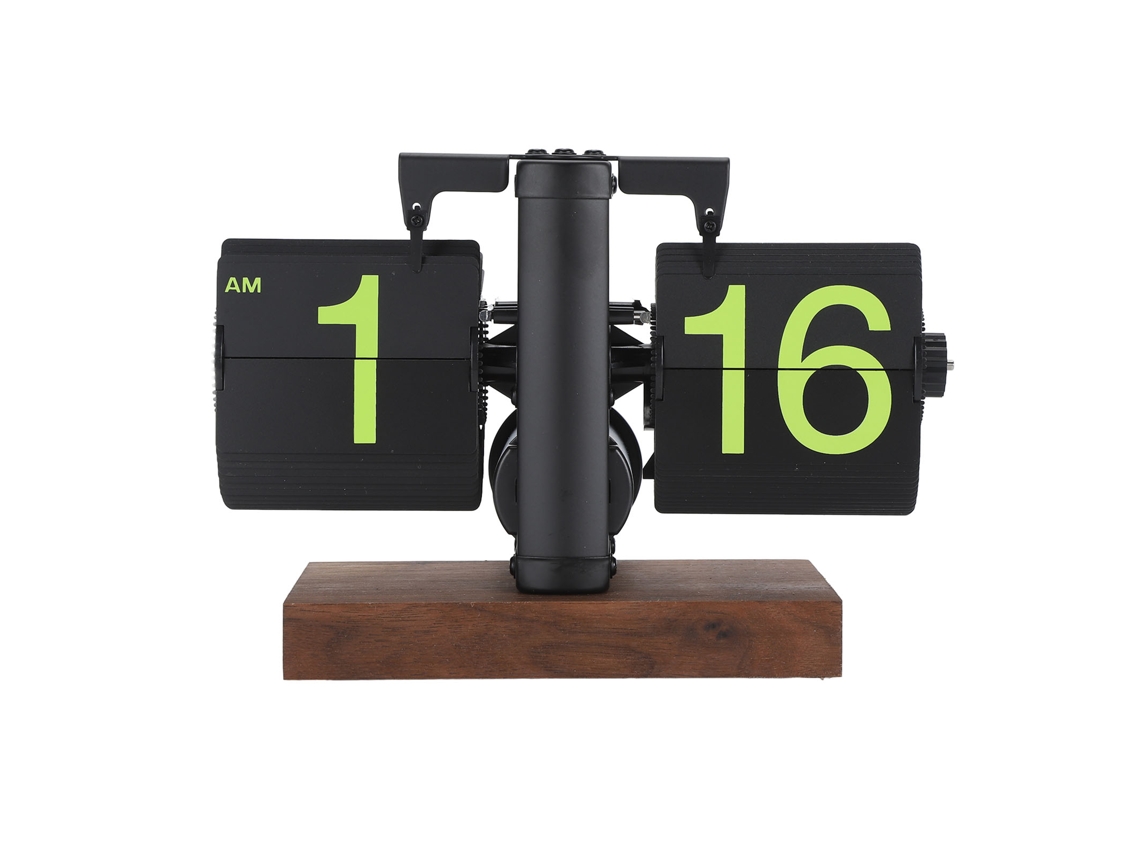 Reloj mecánico retro de 2026 con diseño abatible, grandes marcadores de 12 horas, base de madera y bisel negro mate para sala de estar.
