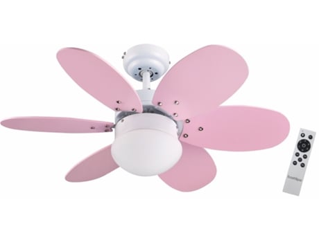 BASTILIPO - Ventilador de techo con motor DC, mando a distancia, 75cm Ø, 6 aspas, rosa/celeste, luz LED 3 tonos, chasis blanco, ALGARVE DC