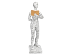 Estatua decorativa de resina de una mujer pensativa leyendo en casa.