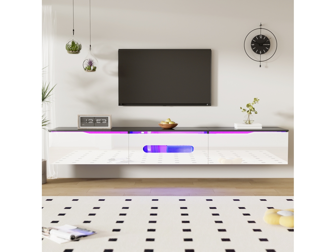 Mueble de TV blanco y negro de 180 cm con superficie lacada brillante, iluminación LED multicolor, montaje en pared.