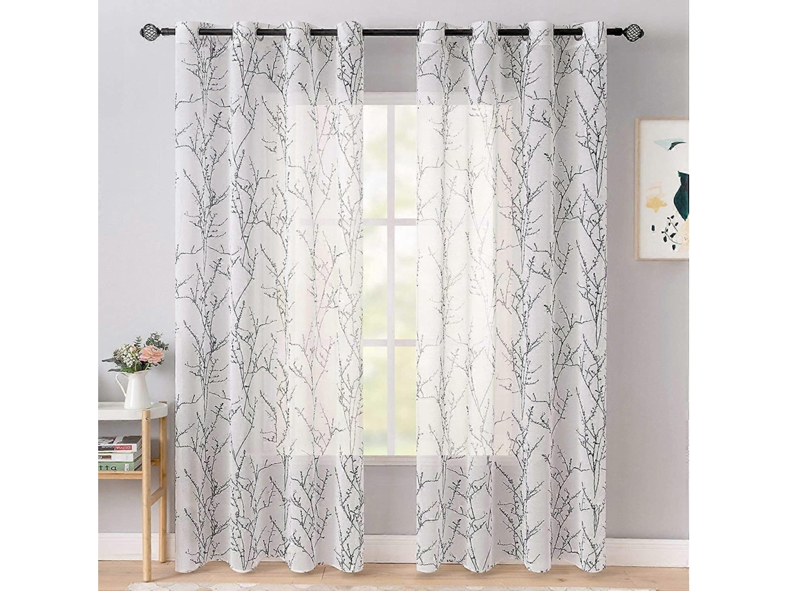 Rebe-cortina Translúcida De 2 Paneles Con Patrón De Rama Imprimido Suave Elegante Duradera Decorativa 140x160cm Negro