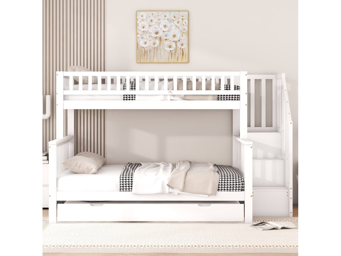 Litera De Madera - 2x90x200cm + 140x200cm - Con Escalera De Almacenamiento - Blanco