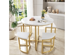 Mesa con 4 sillas, terciopelo blanco y dorado, estilo moderno.