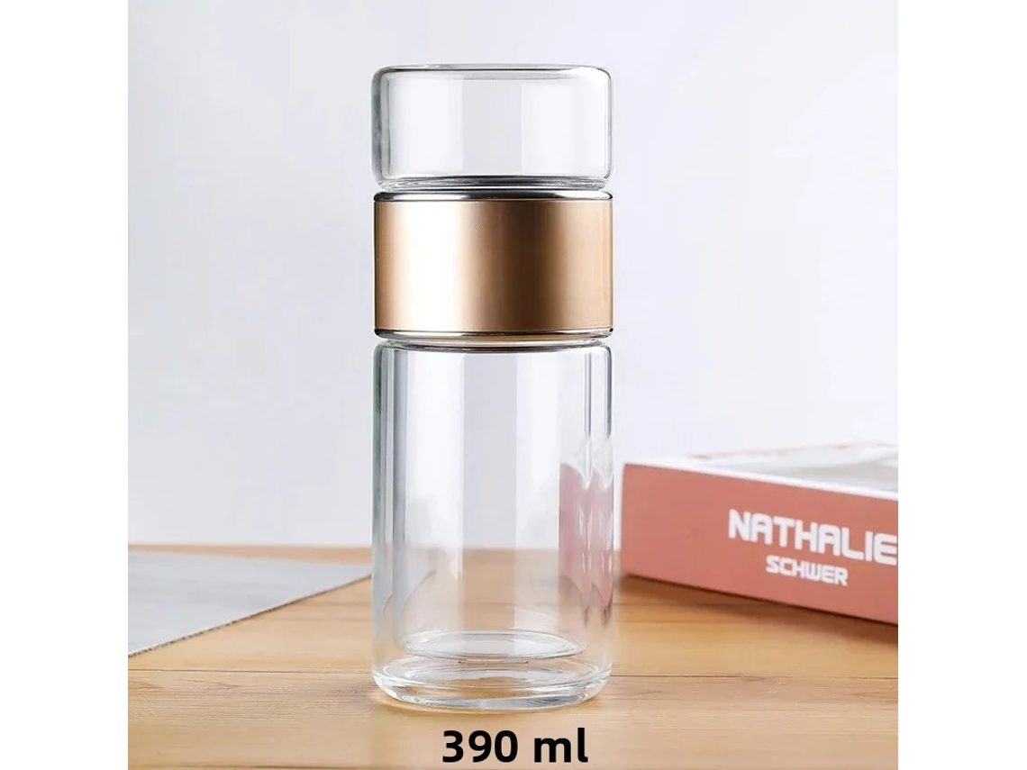 Botella de agua de vidrio de borosilicato de 420 ml con filtro y vaso de doble pared. Mdug (dorado)