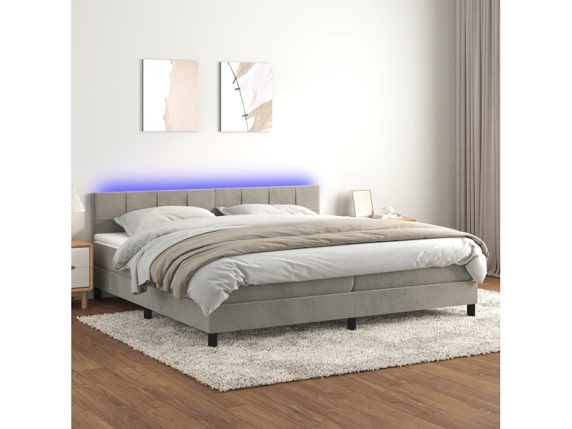 Cama Box Spring Colchón Y Led Terciopelo Gris Claro 200x200 Cm
