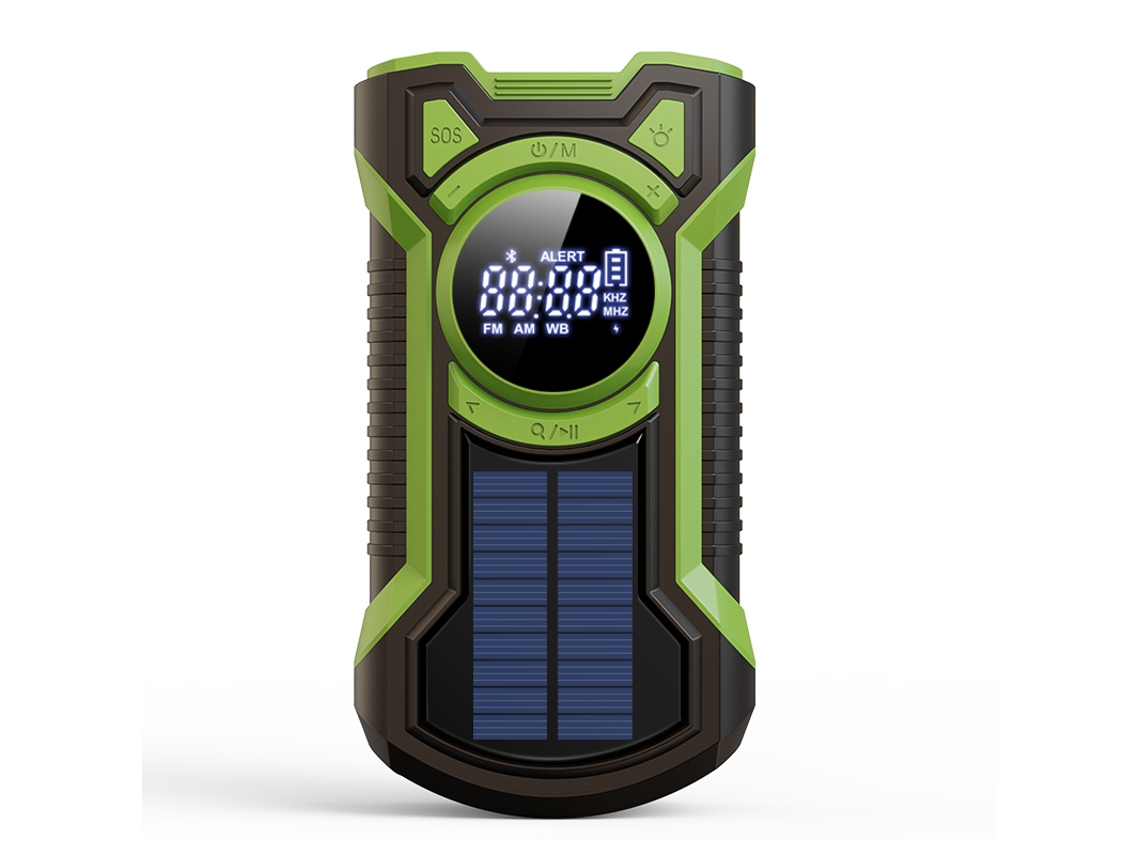 Radio meteorológica solar portátil de emergencia Viewleaf con 5000 mAh, manivela, Bluetooth, alarma SOS 5.3, ideal para supervivencia al aire libre.
