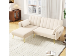Sofá Cama Angular En L Reversible, Terciopelo, Respaldo Ajustable 3 Posiciones, Bolsillos Laterales, 2 Cojines, Beige