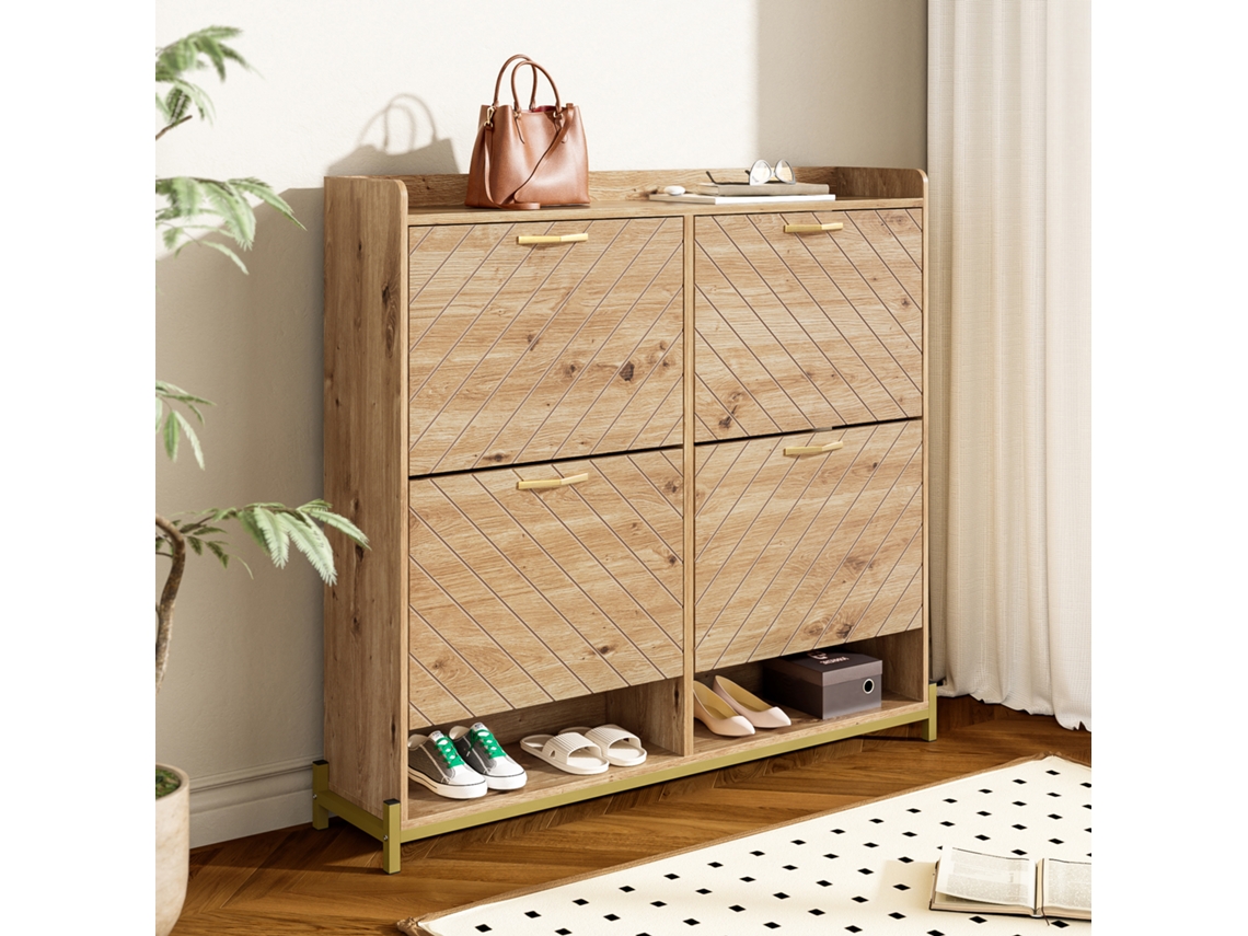 Zapatero moderno con acabado en madera, zapatero de 4 puertas, zapatero compacto ideal para entrada.