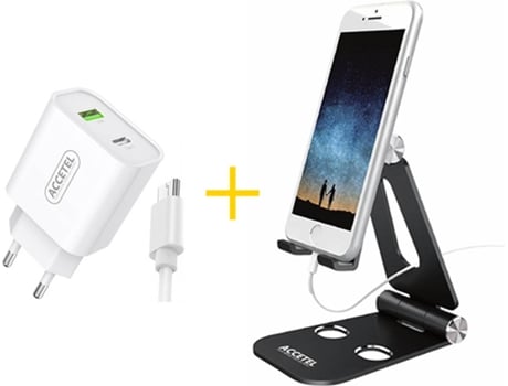 Kit Cargador USB/Type-C, Cable Micro USB y Soporte Móvil ACCETEL AC525 SP113B (Negro y Blanco)
