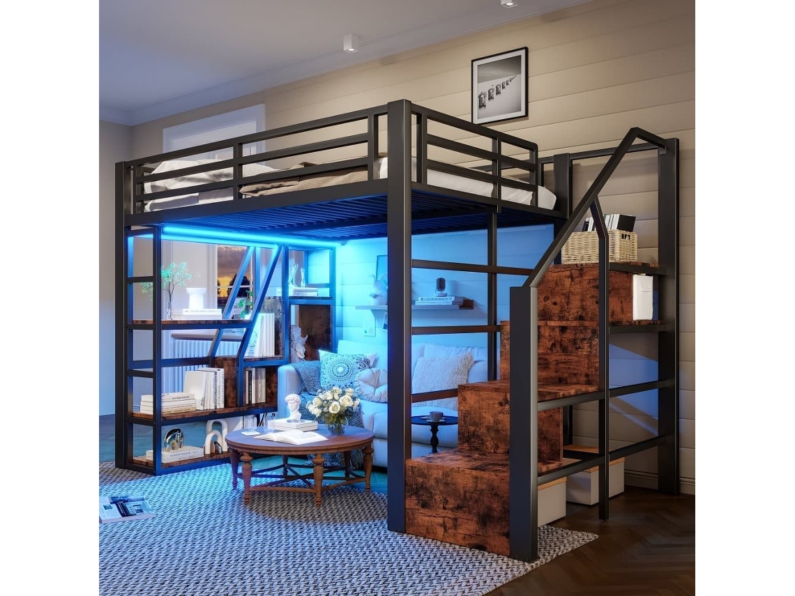 Cama Loft 140x200 Cm - Estructura De Hierro, Estante, Escalera Integrada, Barandilla De Seguridad, Luz Led - Negra