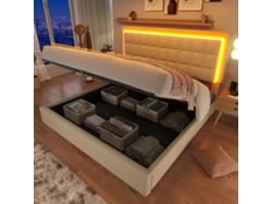 Cama Tapizada En Polipiel, 140x200 Cm, Con Iluminación Led Y Compartimento De Almacenamiento. Incluye Somier De Láminas. Color Blanco.