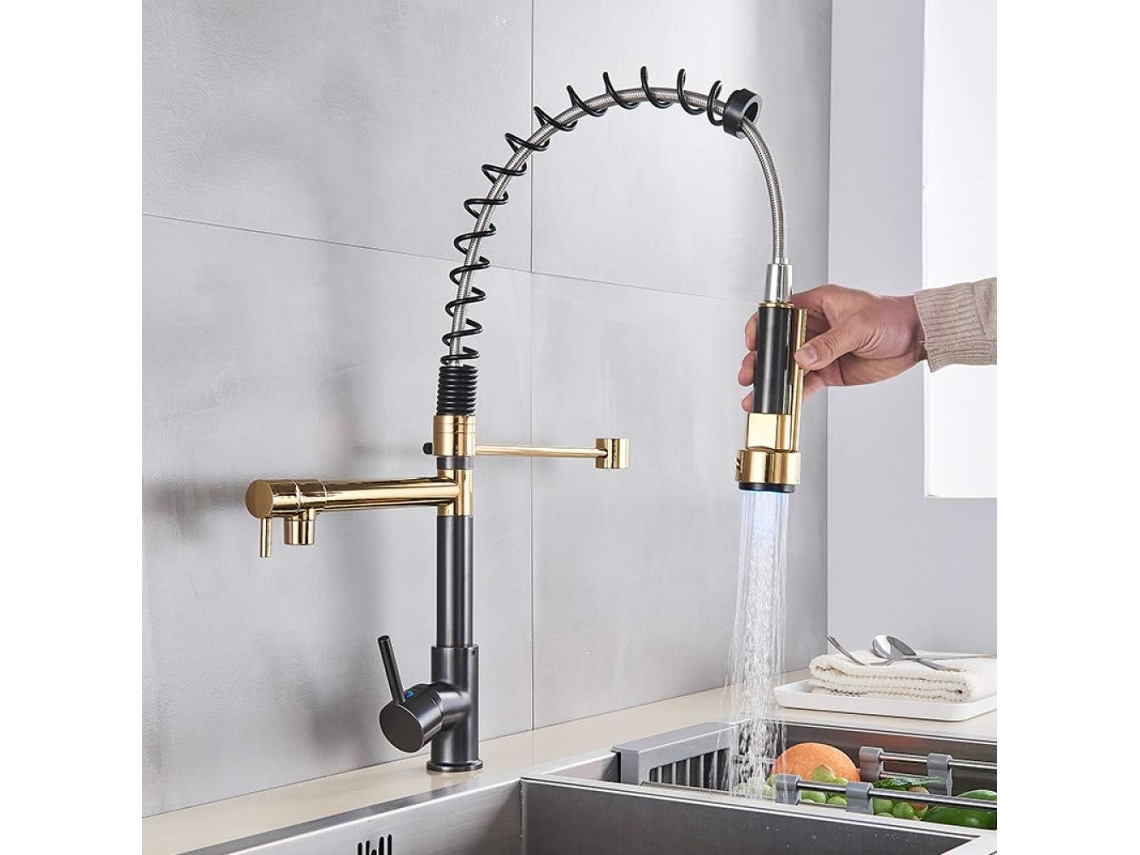 Grifo De Cocina Con Luz Led, Negro Y Bronce, Mezclador De Doble Resorte.