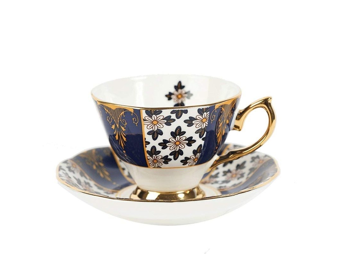 2026da-juego Taza Té De Tarde Inglés Serie Jardín Real Porcelana Hueso Con Diseño Floral Y Borde Dorado