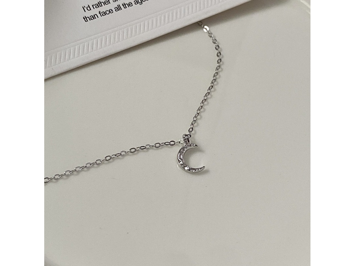 (oro Blanco) Collar Con Colgante De Luna En Agua De Plata De Ley 925, Textura Ondulada, Elegante Y Sencillo Collar Con Luna Pequeña