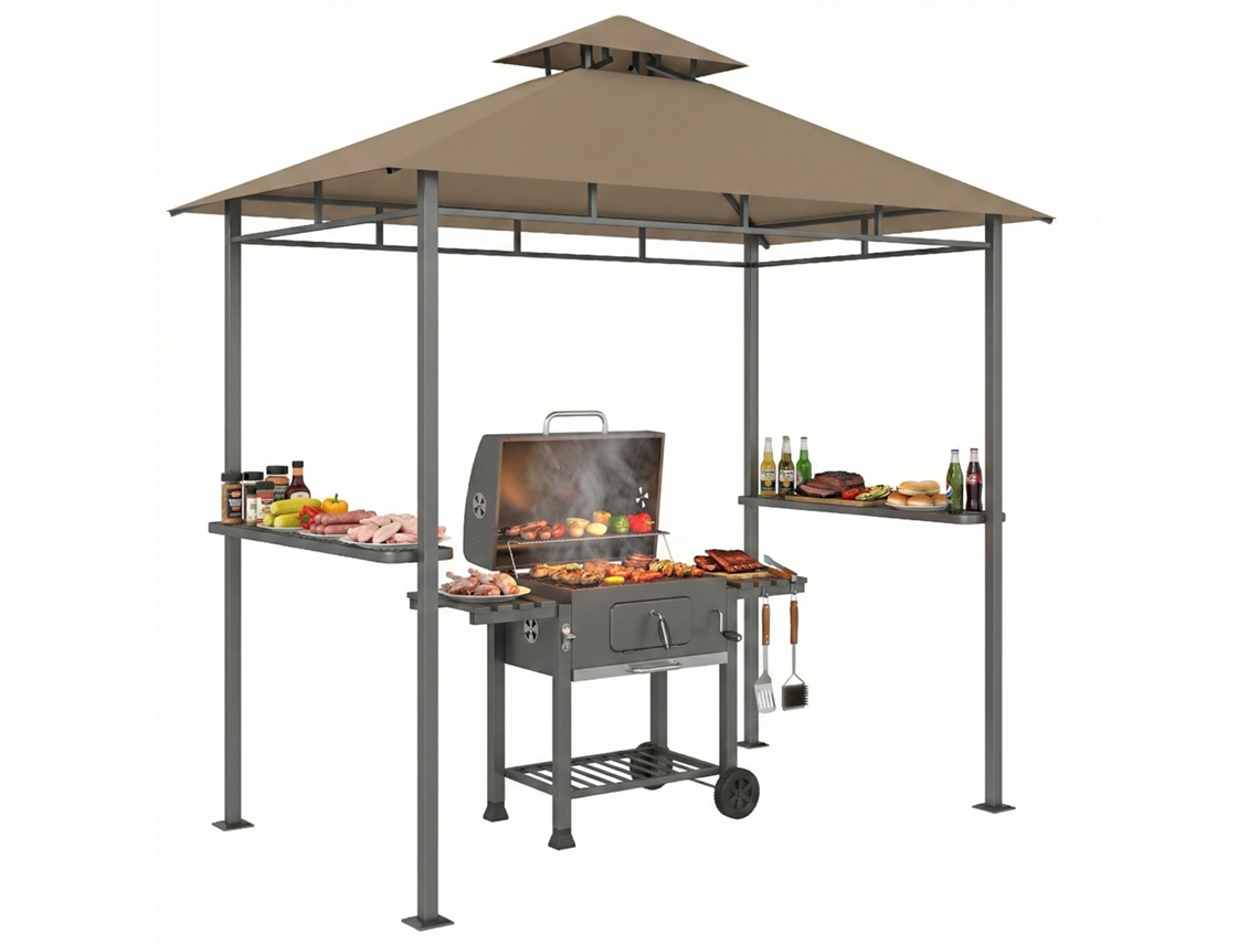 Cenador de jardín con barbacoa, 245x146x255cm, techo doble, estantes laterales, marrón.