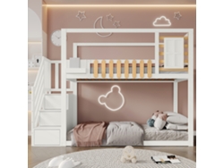 Litera De 90x200 Cm En Madera Maciza De Pino Con Escalera De Almacenamiento, Ventana, Estantes Y Barandillas De Seguridad, Color Blanco.