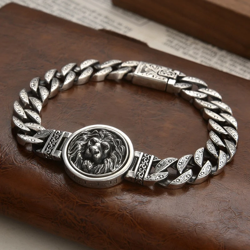 Pulsera para hombre con cabeza de león, pulsera ancha vikinga MDUG (20 cm)