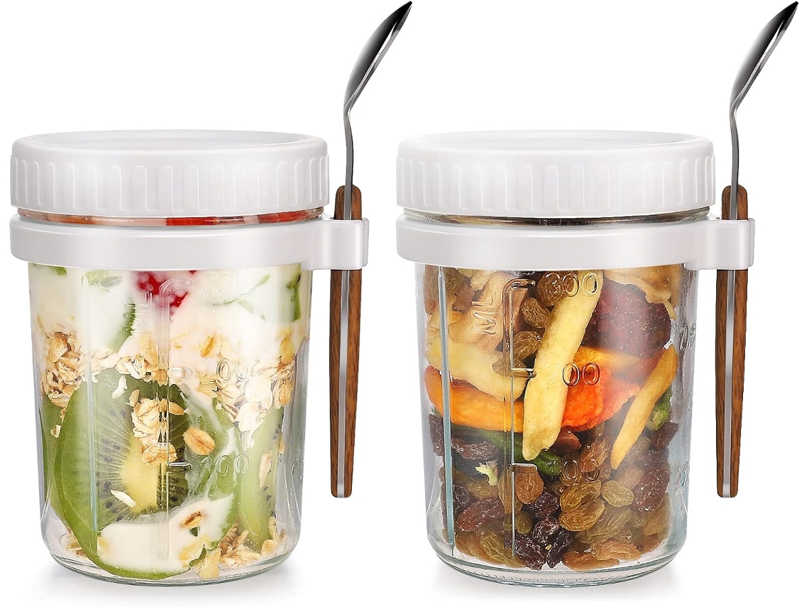Xigugo Botellas de avena durante la noche, recipiente con tapa y cuchara, 16 oz, almacenamiento de cereales, leche, ensaladas de verduras y frutas (blanco) TRUYUETY